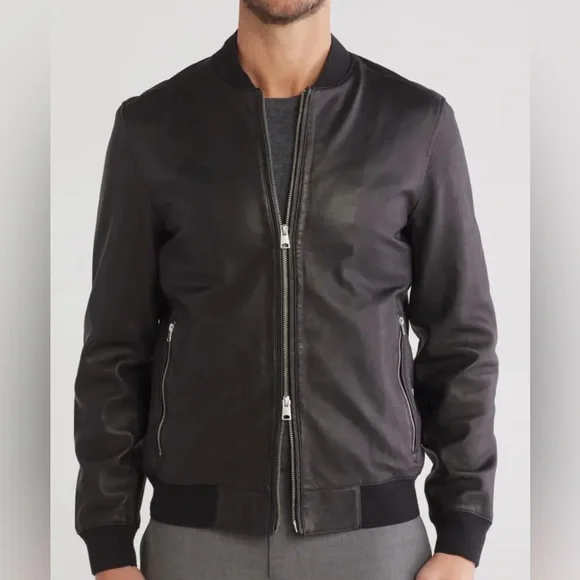 All Saints Niko Black Leather Bomber Jacket Sz L